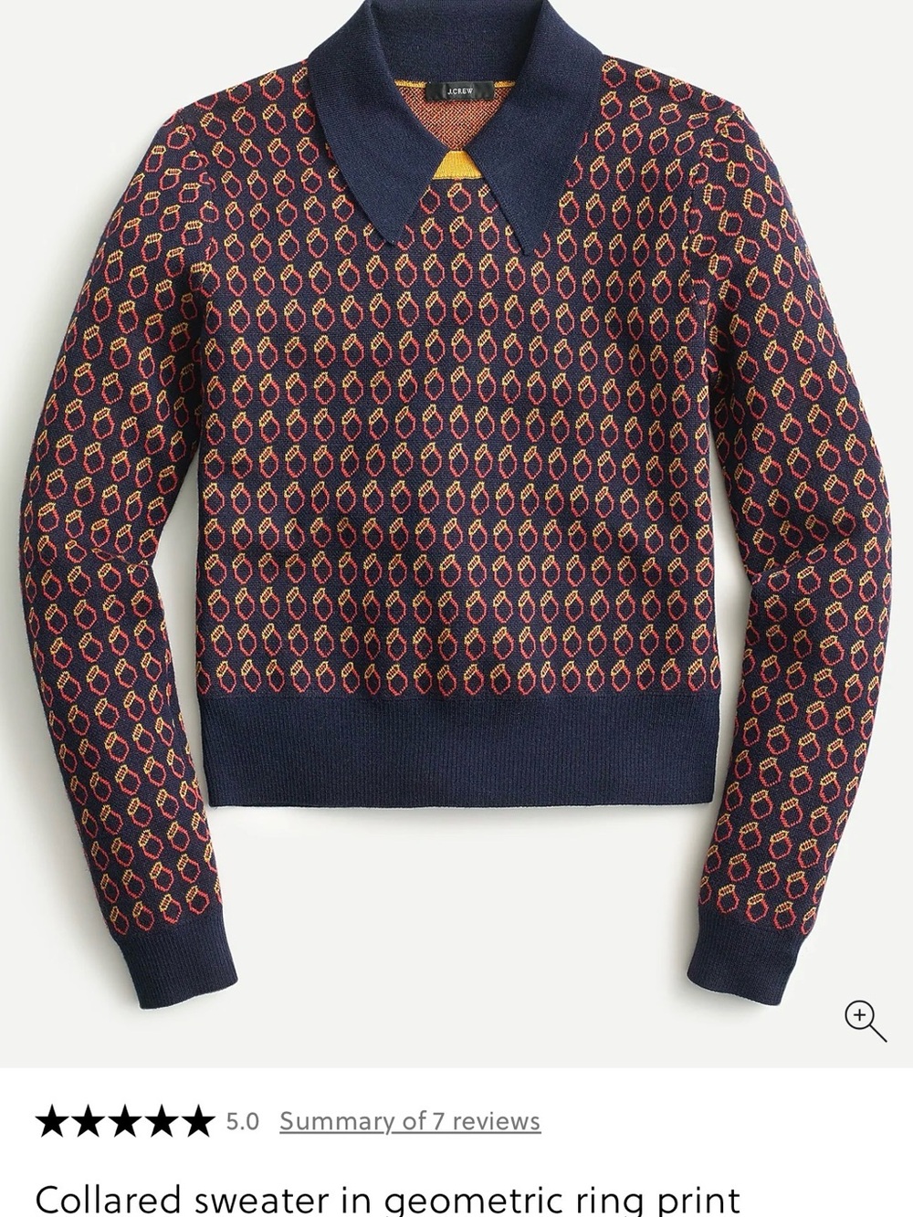 J. Crew 100% Merino Wool Collared Sweater with Red & Gold Ring Print - Size L